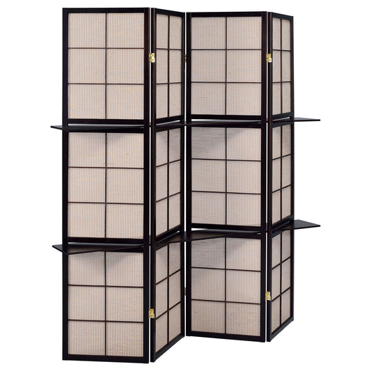 4 Panel Folding Screen With Shelves - Brown