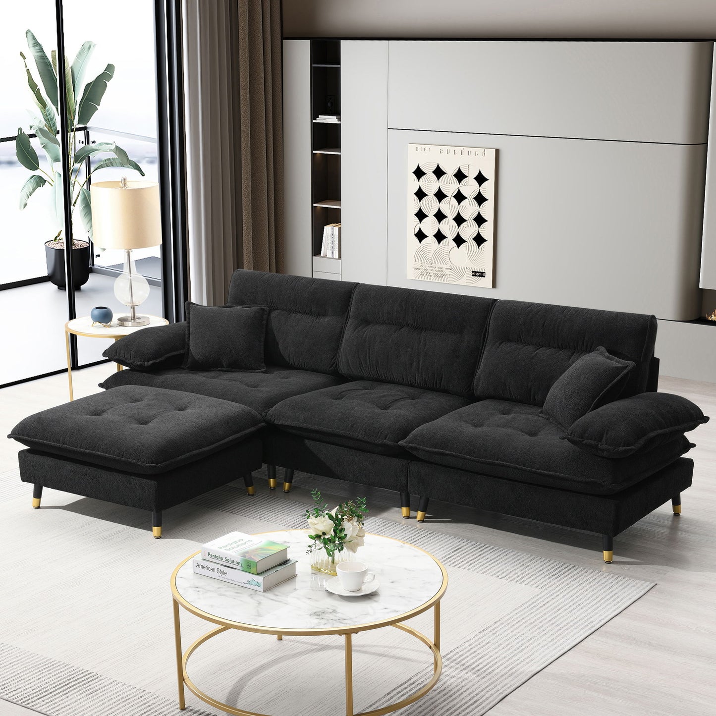 L Shaped Convertible Sectional Sofa 4 Seat Tufted Couch Set With Two Tone Adjust Legs Cloud Movable Ottoman