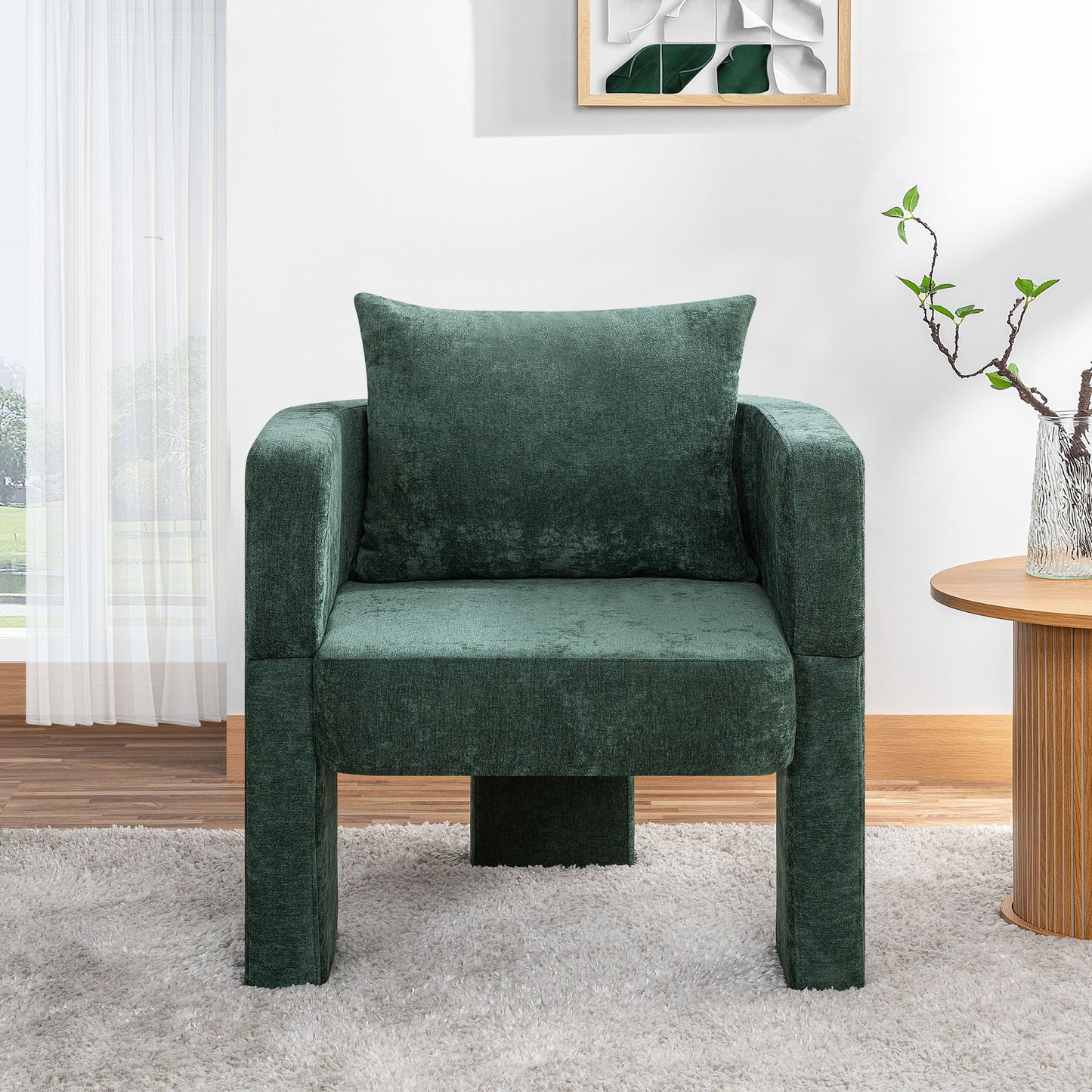 Modern 3 Leg Chenille Accent Chair With Ergonomic Arms & Removable Pillow
