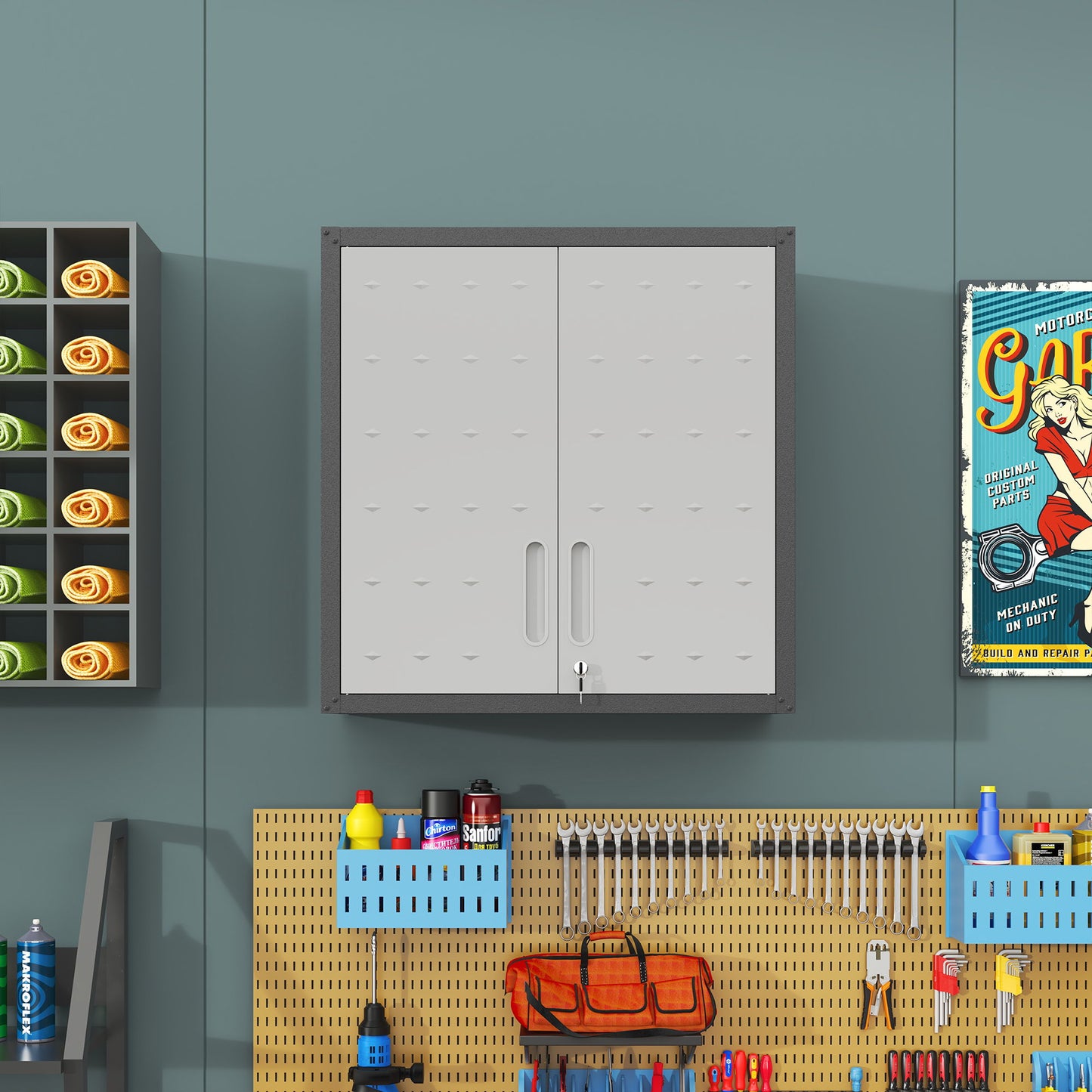 Metal Wall Mounted Tool Storage Cabinet With 2 Locking Doors, Adjustable Shelf, And Drawer