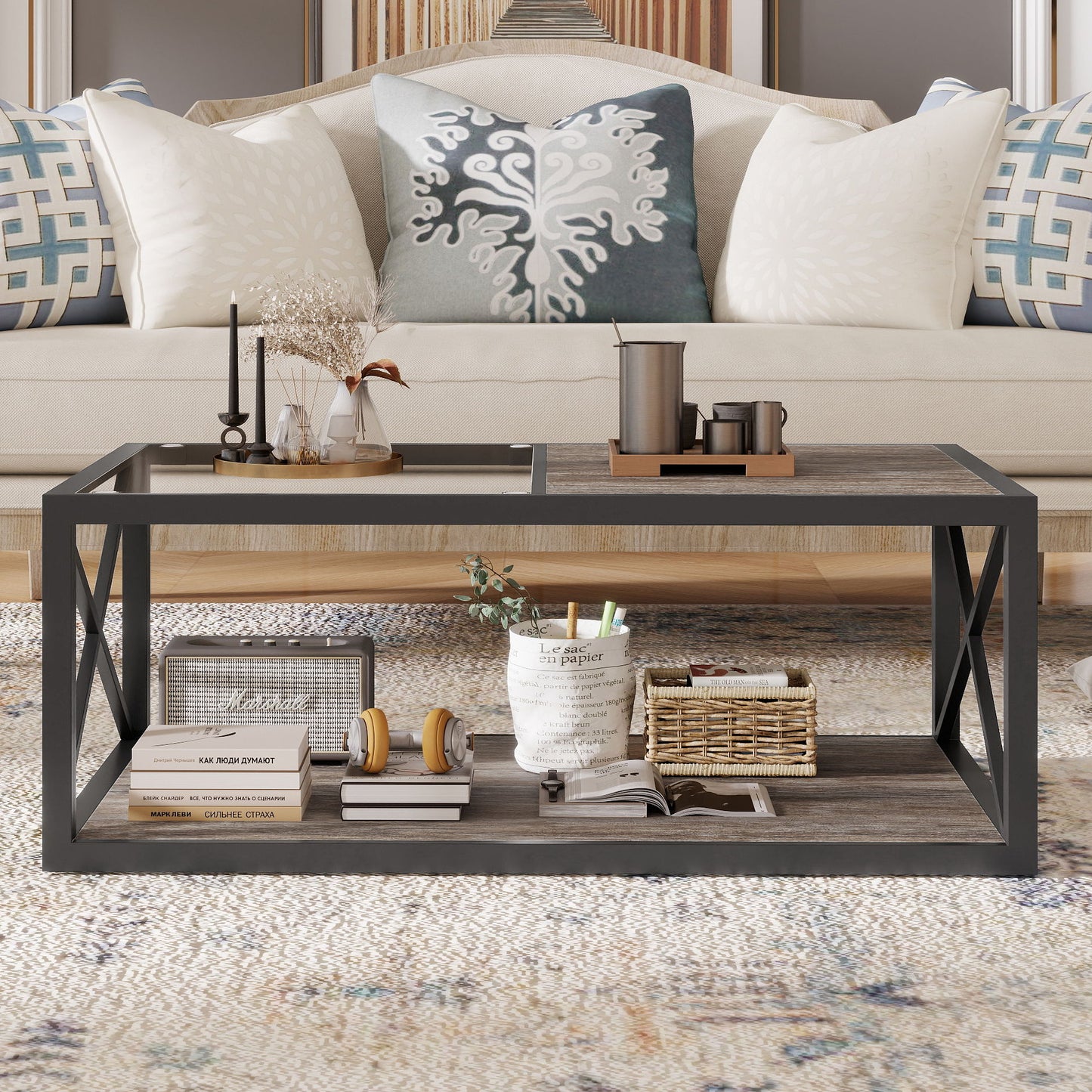 Industrial Style Coffee Table For Bedroom & Living Room With Tempered Glass & Wood Grain - Wood