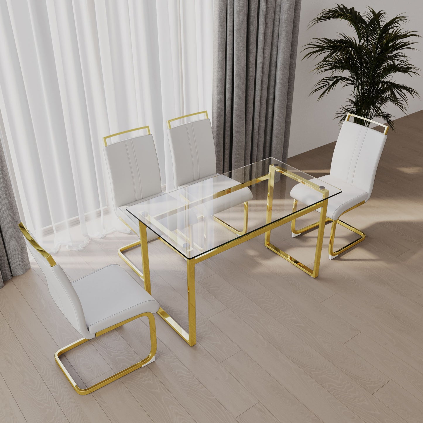 Modern Glass Dining Table Set For 4 With Golden Plating Legs And Chairs - Transparent