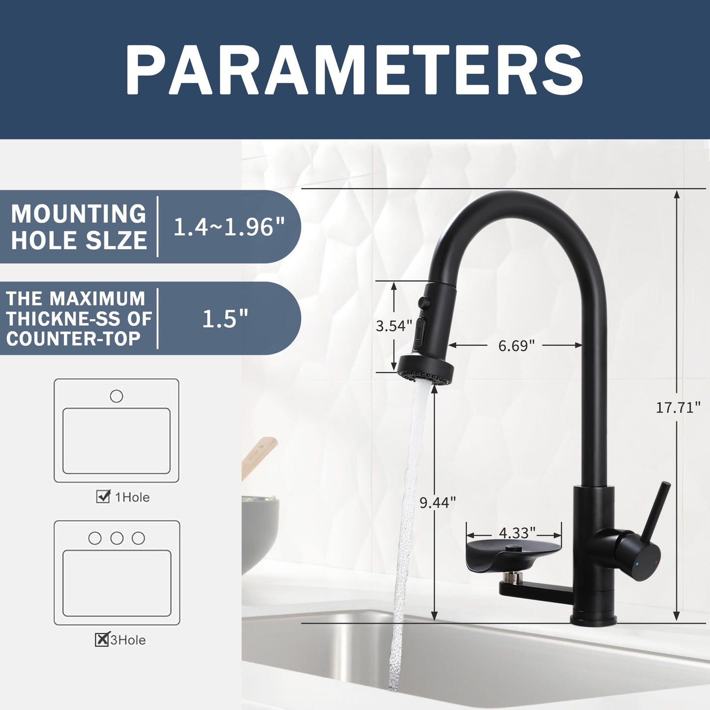 3 In 1 Kitchen Faucet With Press Type Glass Rinser, High Arc Pull Down Sprayer