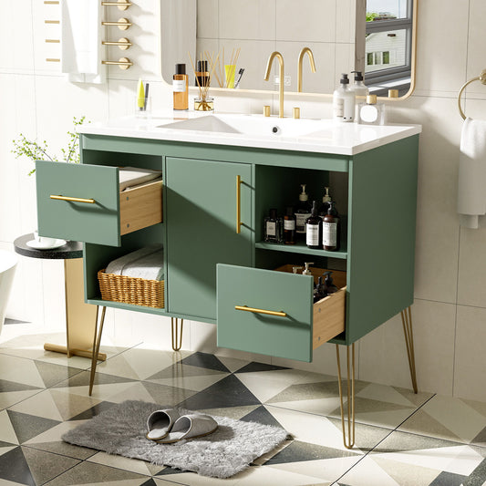Bathroom Vanity With Resin Sink Combo Set, Modern Freestanding Single Bathroom Cabinet With 2 Drawers & 2 Storage Compartments, Storage Cabinet For Bathroom, Frame Vanity Set - Green