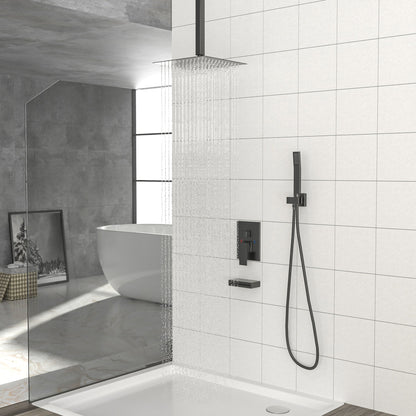 12" Ceiling Mount Shower System With Waterfall Tub Spout And Rough In Valve - Matte Black