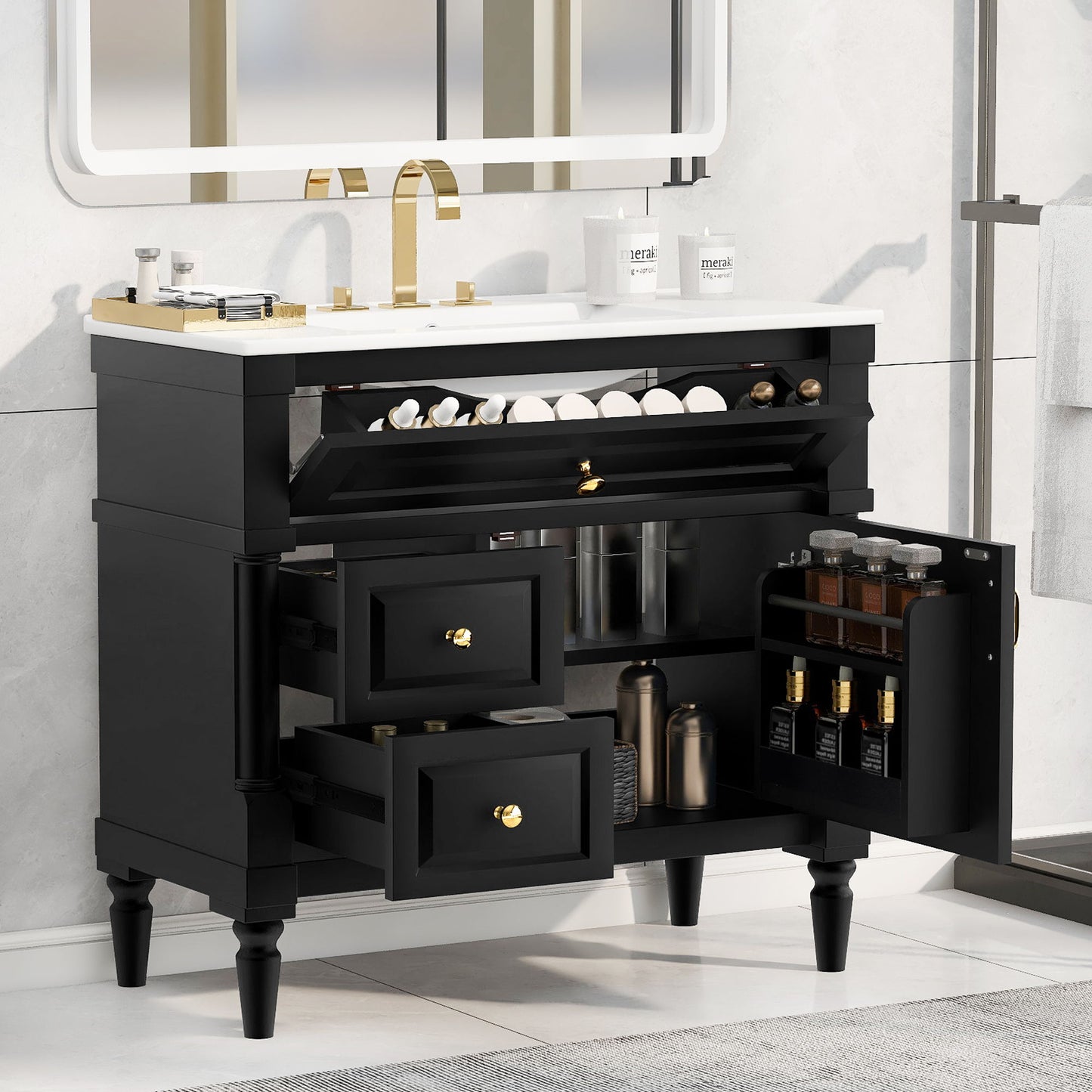 Freestanding Bathroom Vanity With Sink, Adjustable Shelf, Flip Drawer
