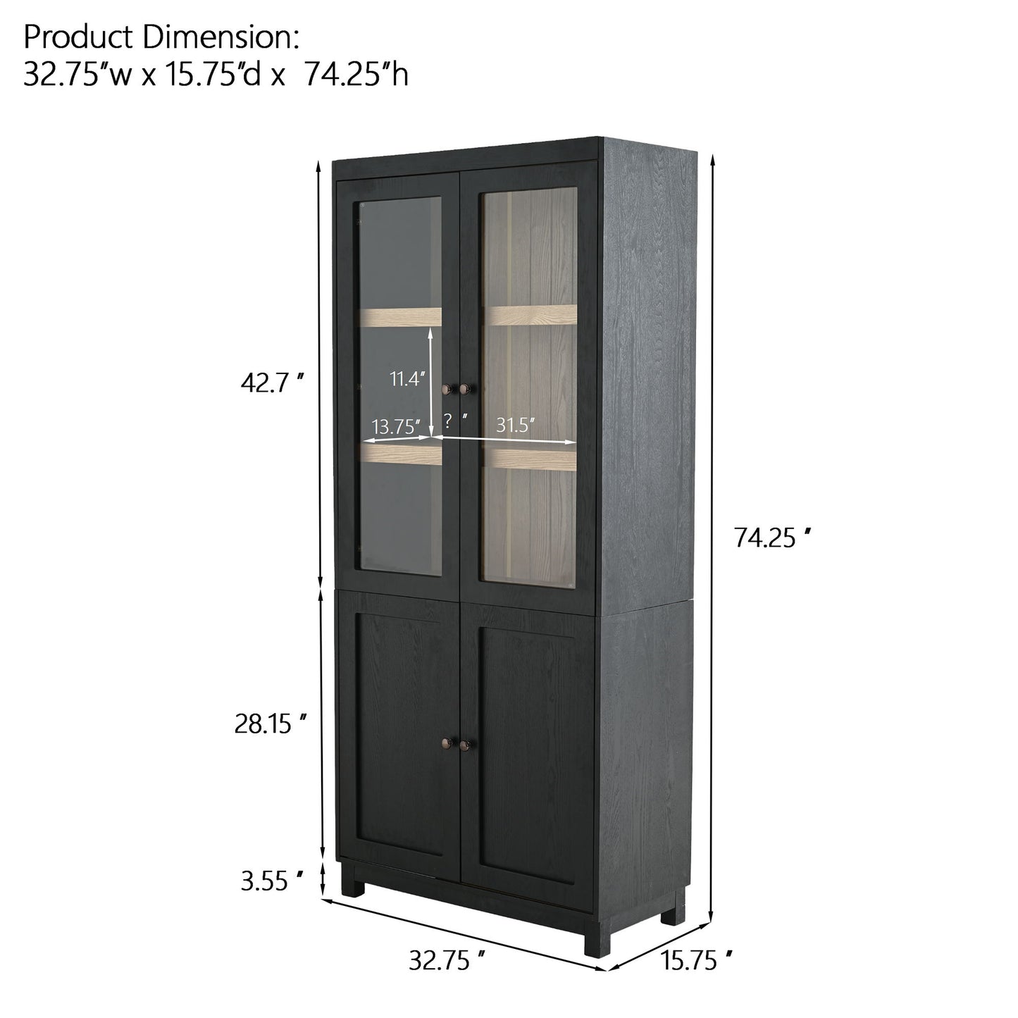 Mid Century Modern Style Tall Display Cabinet With Glass Doors For Collectibles - Black