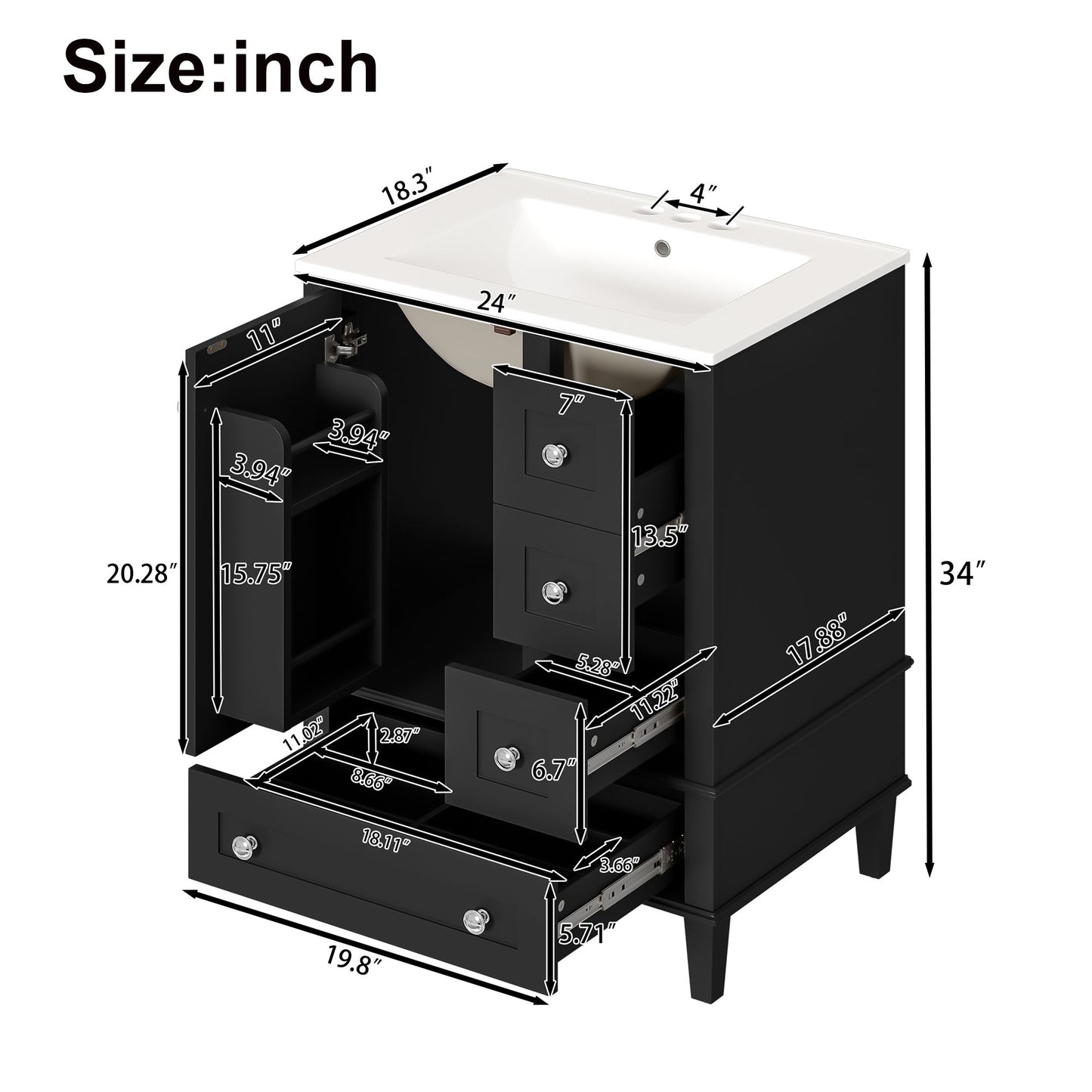 Bathroom Vanity With Integrated Basin, Soft Close Drawers, Door Mounted Double Layer Shelf