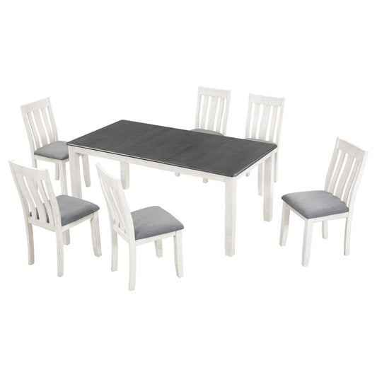 Retro Style 7 Piece Dining Table Set With Extendable Table And 6 Upholstered Chairs - Gray / White