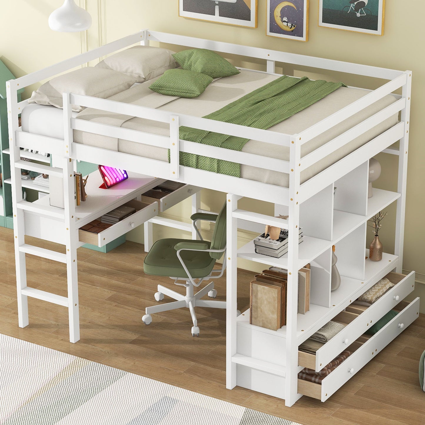Full Size Loft Bed With Built In Desk, 2 Drawers, Storage Shelves - White