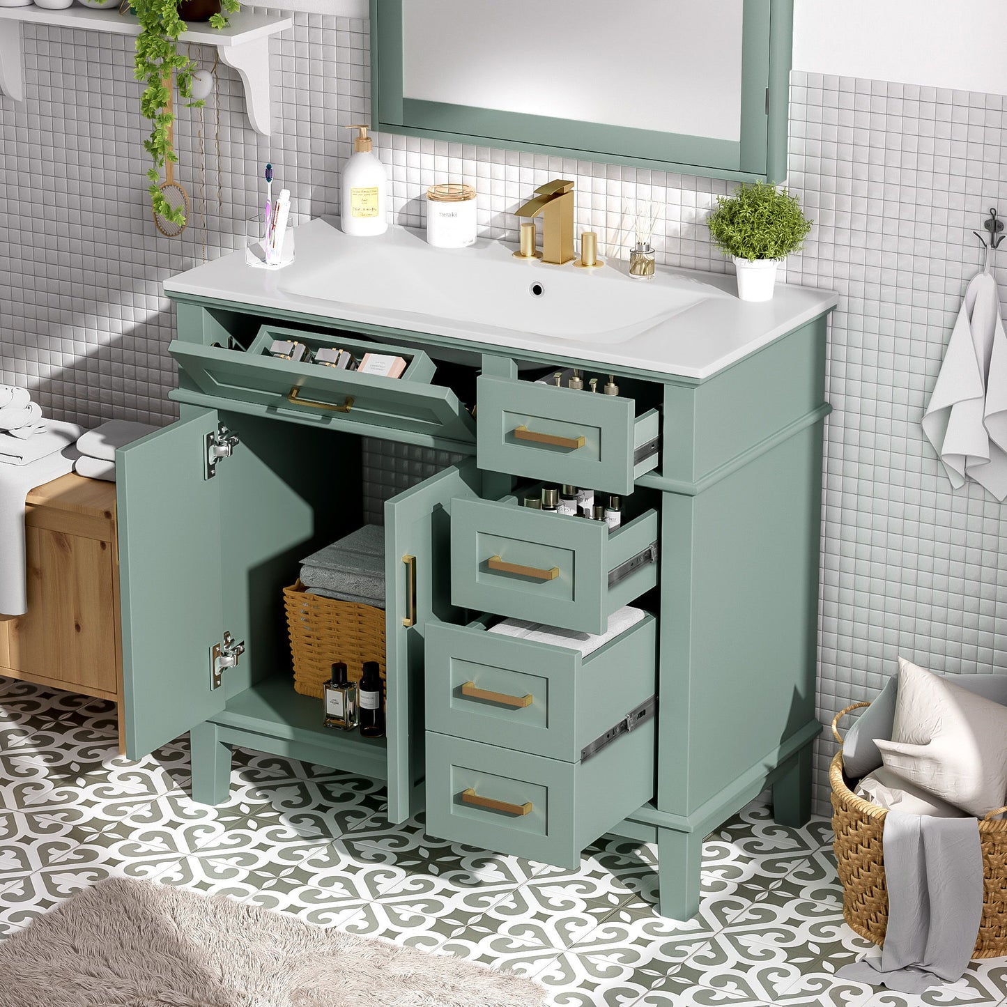 Bathroom Vanity With Sink, Soft Close Doors, 4 Storage Drawers