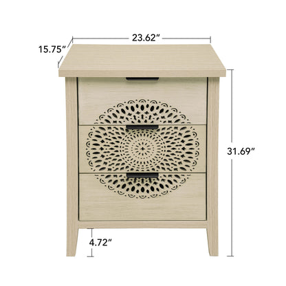 Hollow Carved 3 Drawer Cabinet Dresser Storage Chest With Metal Handles For Living Room Bedroom - Natural