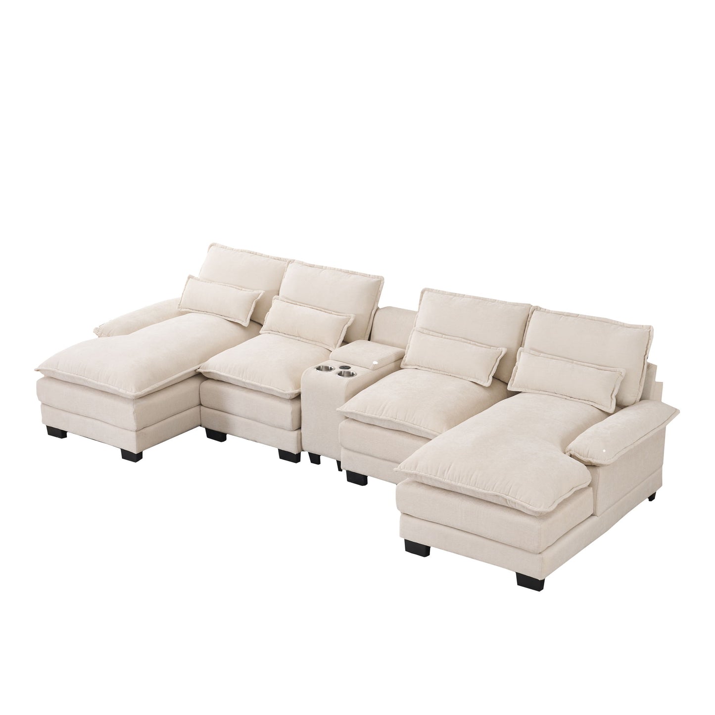 U Shaped Sofa With Console, Cupholders, USB Ports, 6 Seat, Bronzing Suede & Chenille