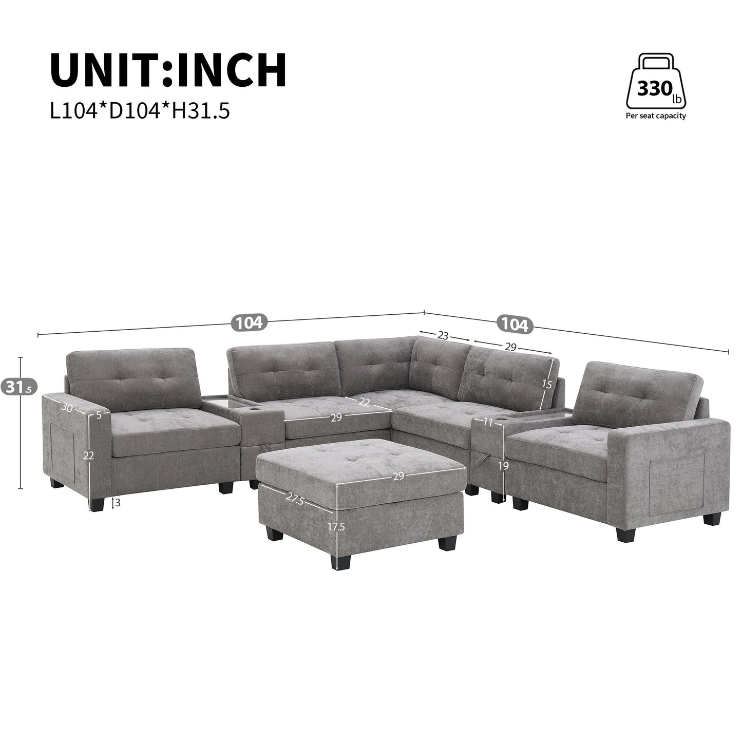Sectional With Acrylic Table Top U Shaped Couch Set With 2 Consoles USB Charger, Storage Drawers And Pockets Movable Ottoman Tufted Sofa