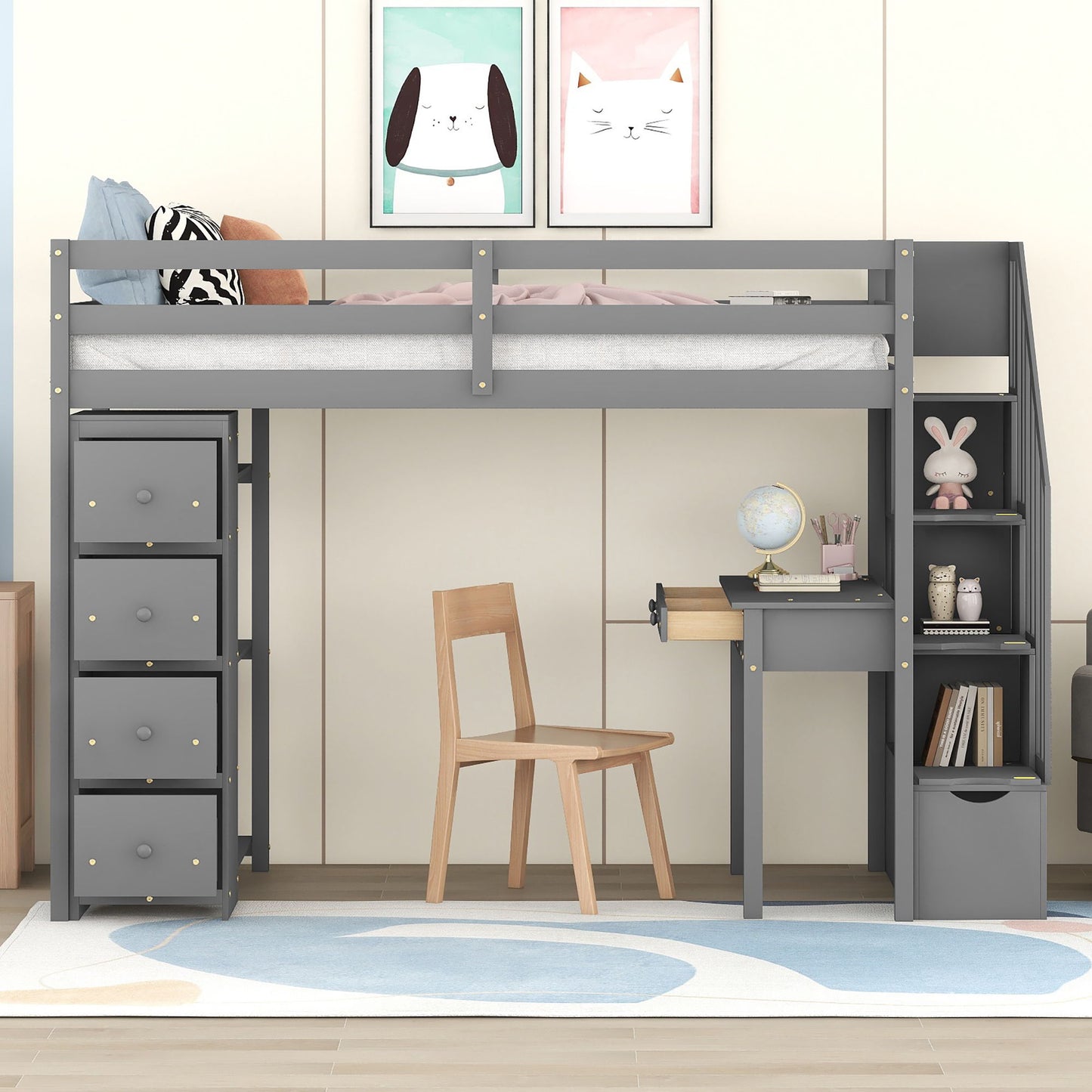 Loft Bed With Storage Drawers, Desk And Stairs With Shelves