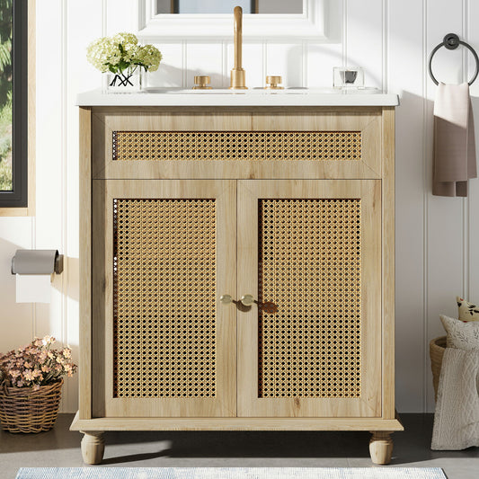 Bathroom Vanity With Handwoven Rattan Doors, Resin Basin - Natural Wood