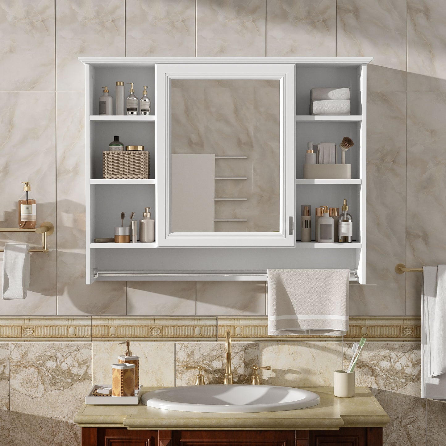 Modern Wall Mounted Mirror Cabinet With Adjustable Shelf, Soft Close Door, And Towel Bar