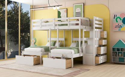 Multifunctional Triple Bunk Bed With Drawers And Guardrails