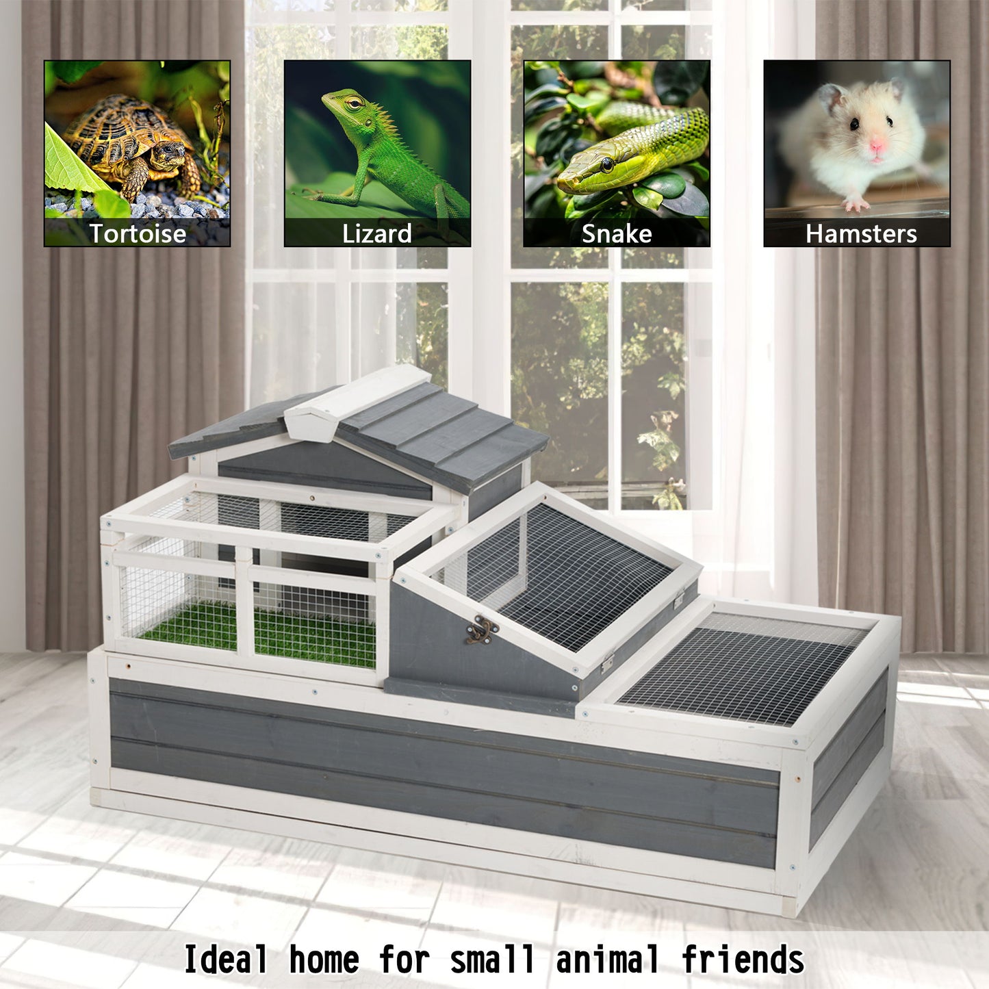 Luxury 3 Room Wooden Tortoise House Habitat With Turf Balcony & 2 Stories - Gray / White