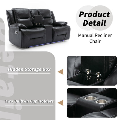 2 Seater Home Theater Recliner Manual Recliner Chair With A LED Light Strip Two Cup Holders And A Storage Box For Living Room