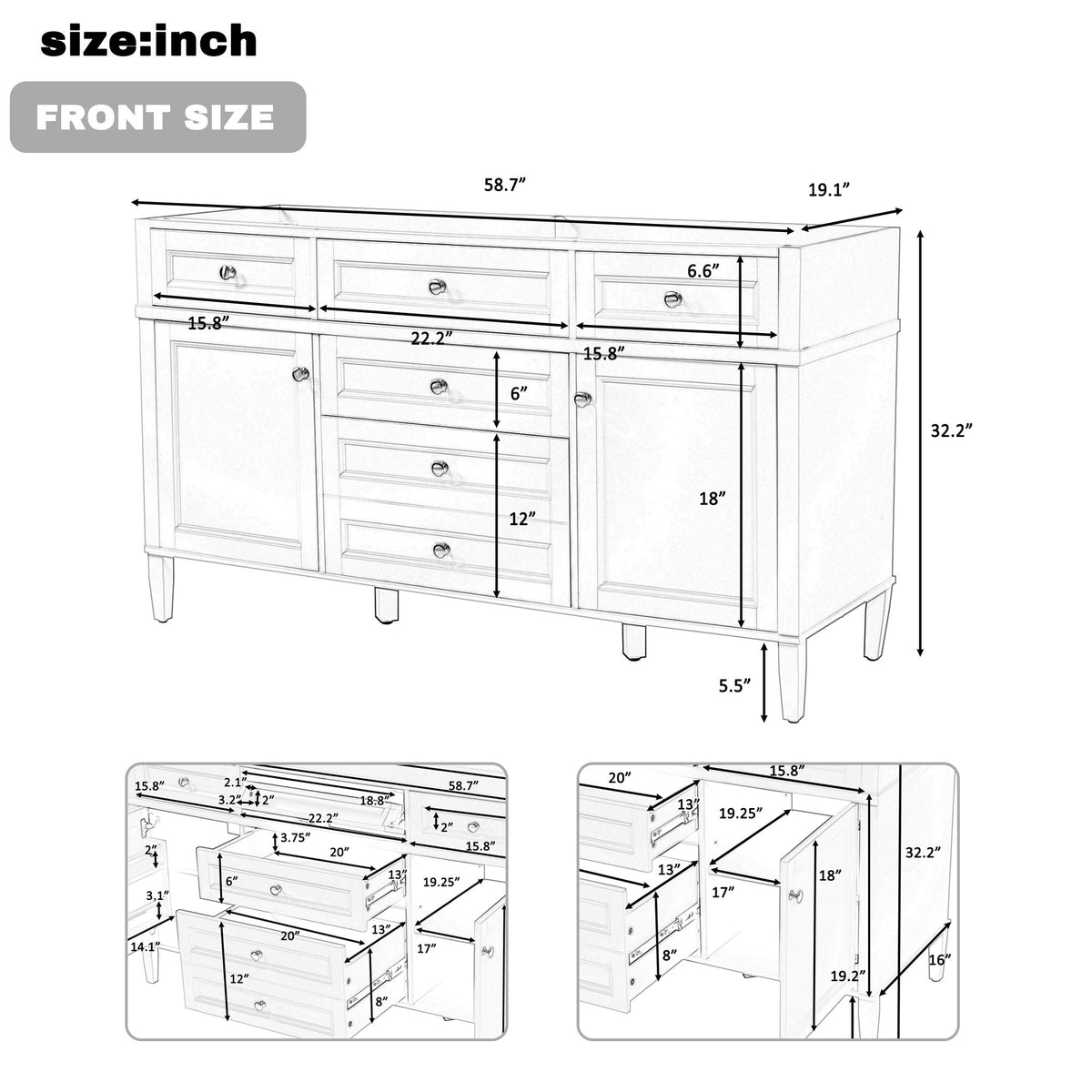 Bathroom Vanity Cabinet Only, 3 Drawers & 2 Doors, Adjustable Shelf, Soft Close Hinges - White