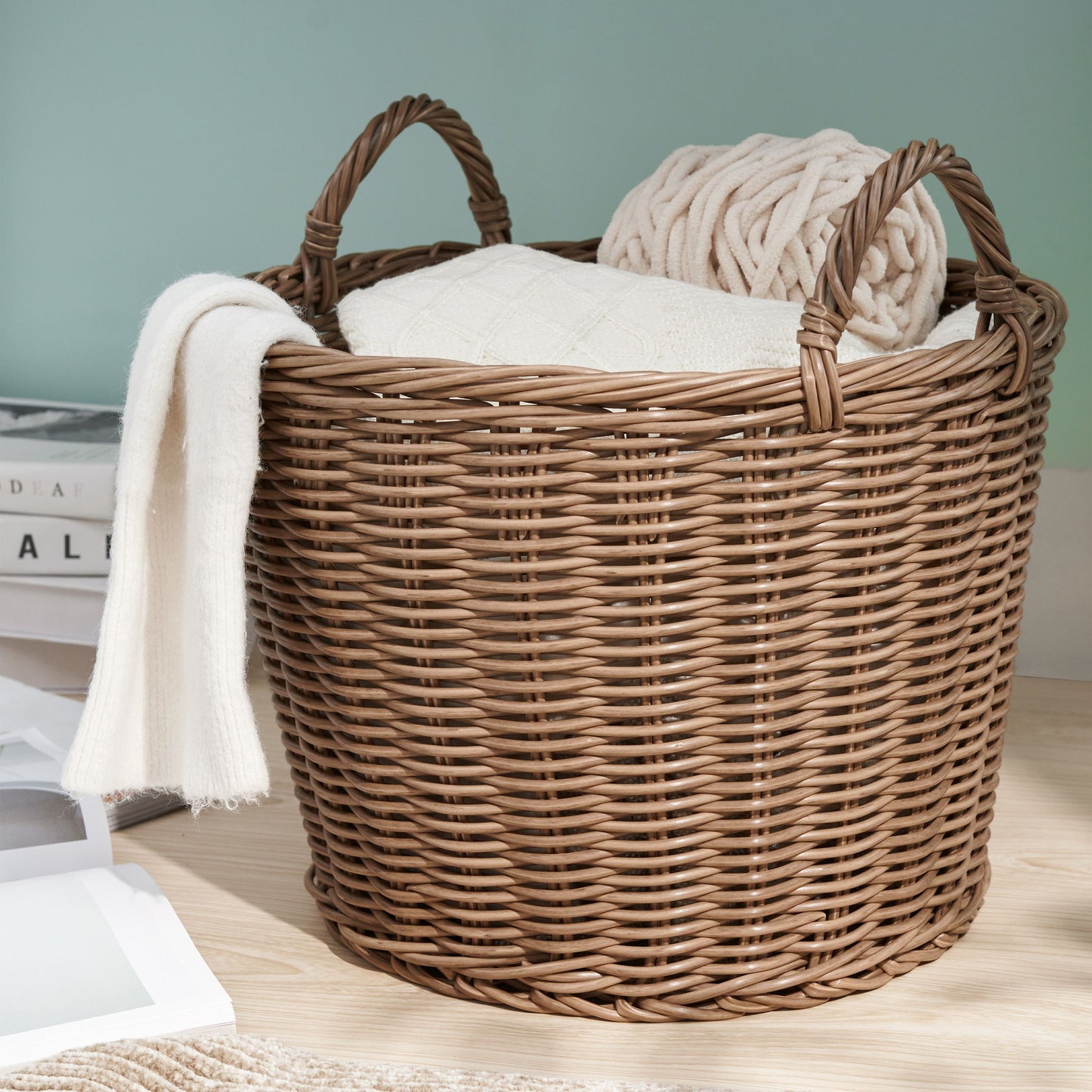 Round Cone Woven Resin Wicker Basket With Handles For Versatile Storage - Walnut Brown