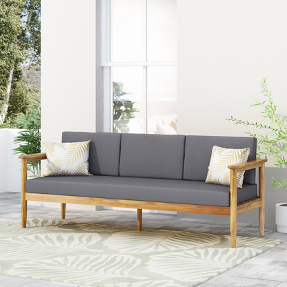 Outdoor 3 Seater Sofa With Cushion And Teak Acacia Wood - Dark Gray
