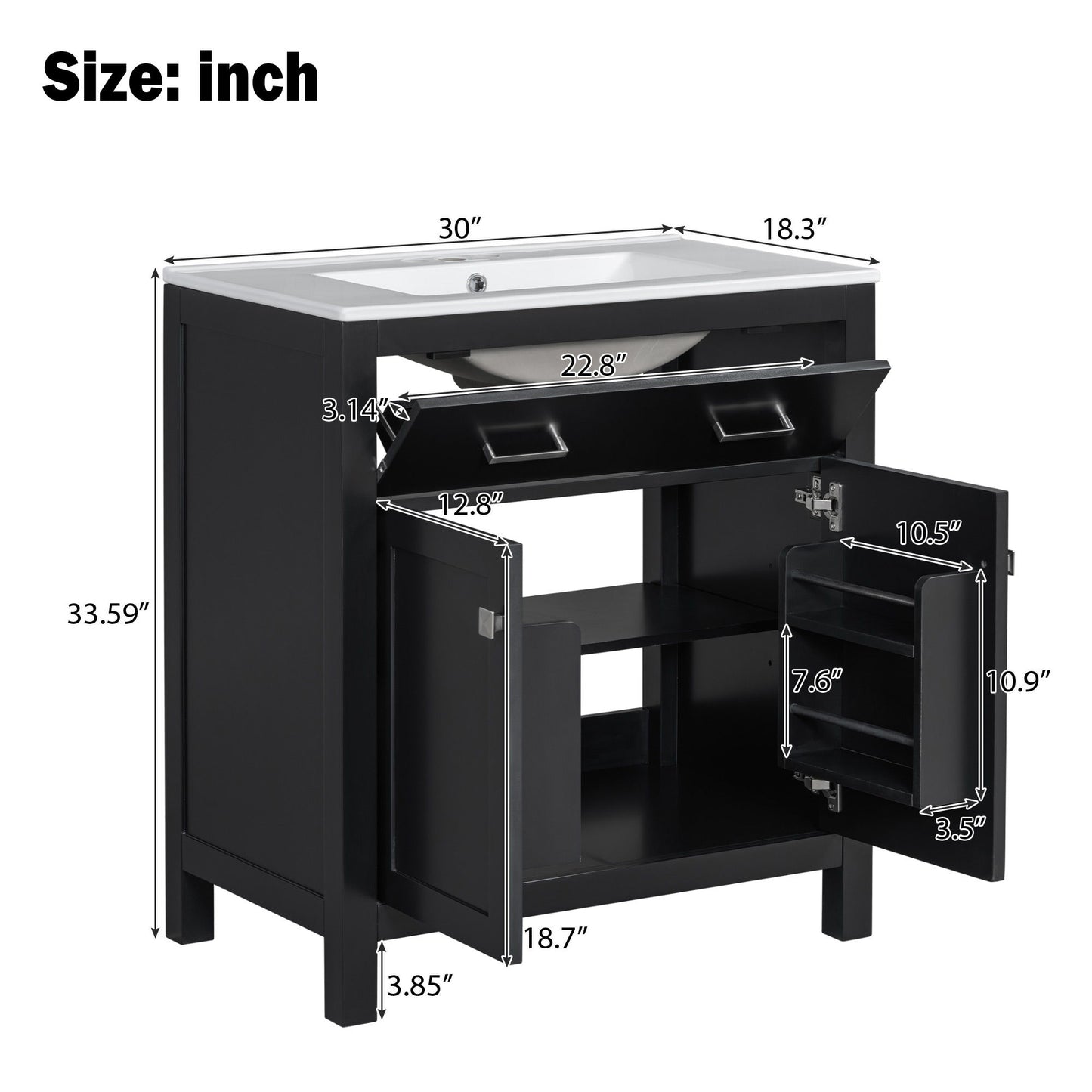 Bathroom Vanity With Ceramic Sink, Modern Single Bathroom Cabinet With 2 Doors And A Shelf, Soft Close Doors