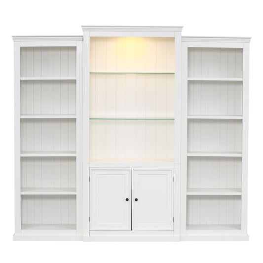 Retro Style 3 Piece Bookcase Display Cabinet With Adjustable LED Lighting, Tempered Glass Shelves - White