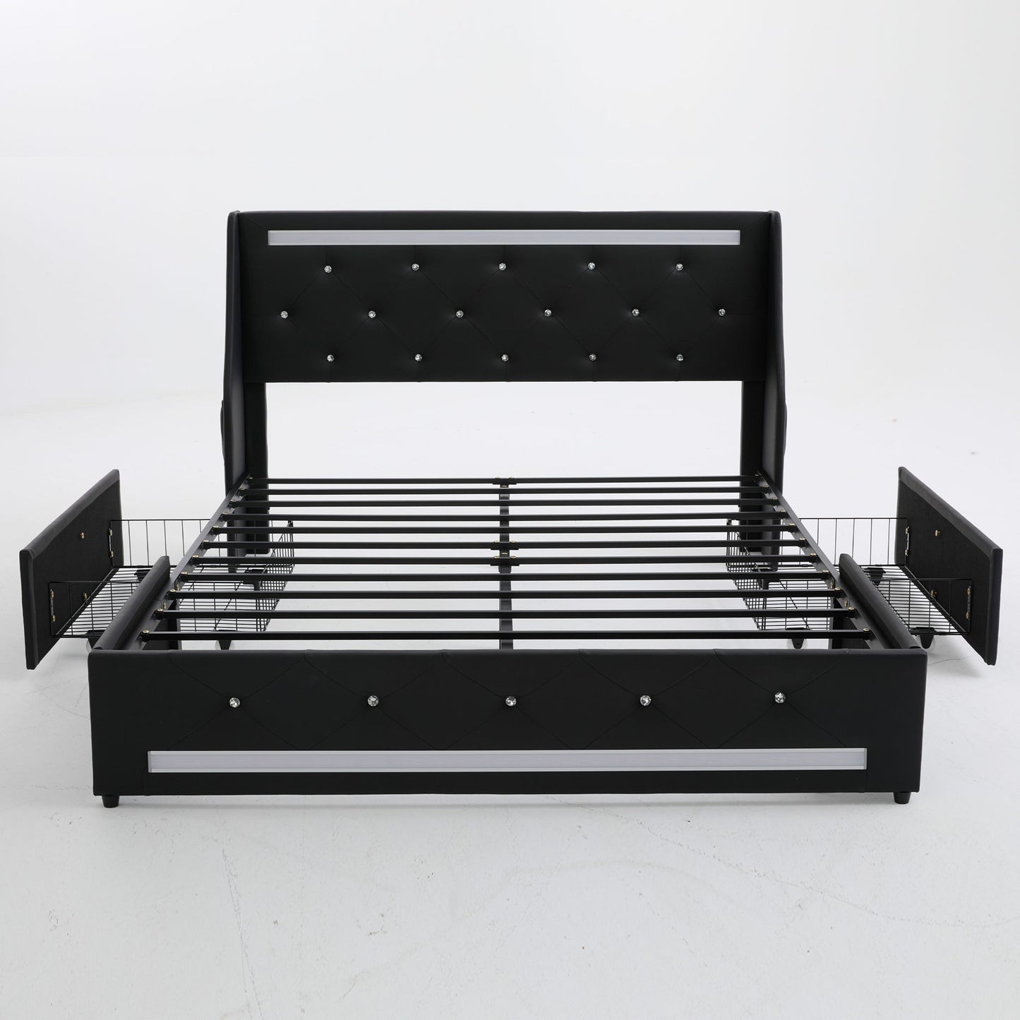 Wingback Upholstered Bed Frame With LED Lights, Charging Station