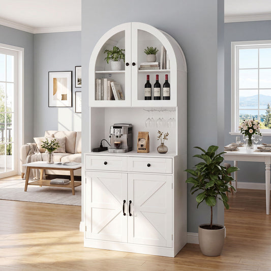 Tall Arched Pantry Cabinet With Charging Station, Adjustable Shelves, Coffee Bar With Open Countertop For Kitchen - White