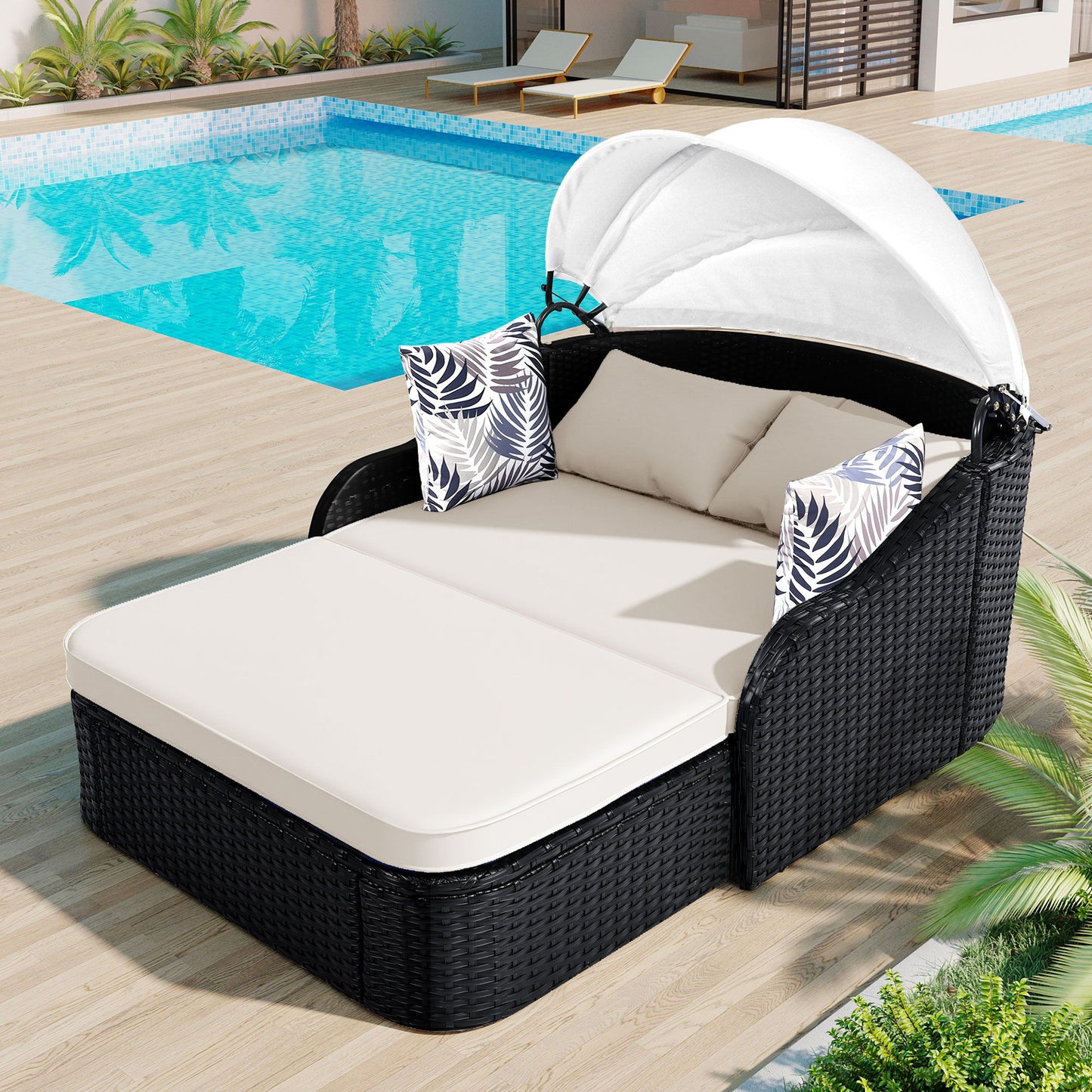 Outdoor Sunbed With Adjustable Canopy, Double Lounge, Daybed - Black / Beige