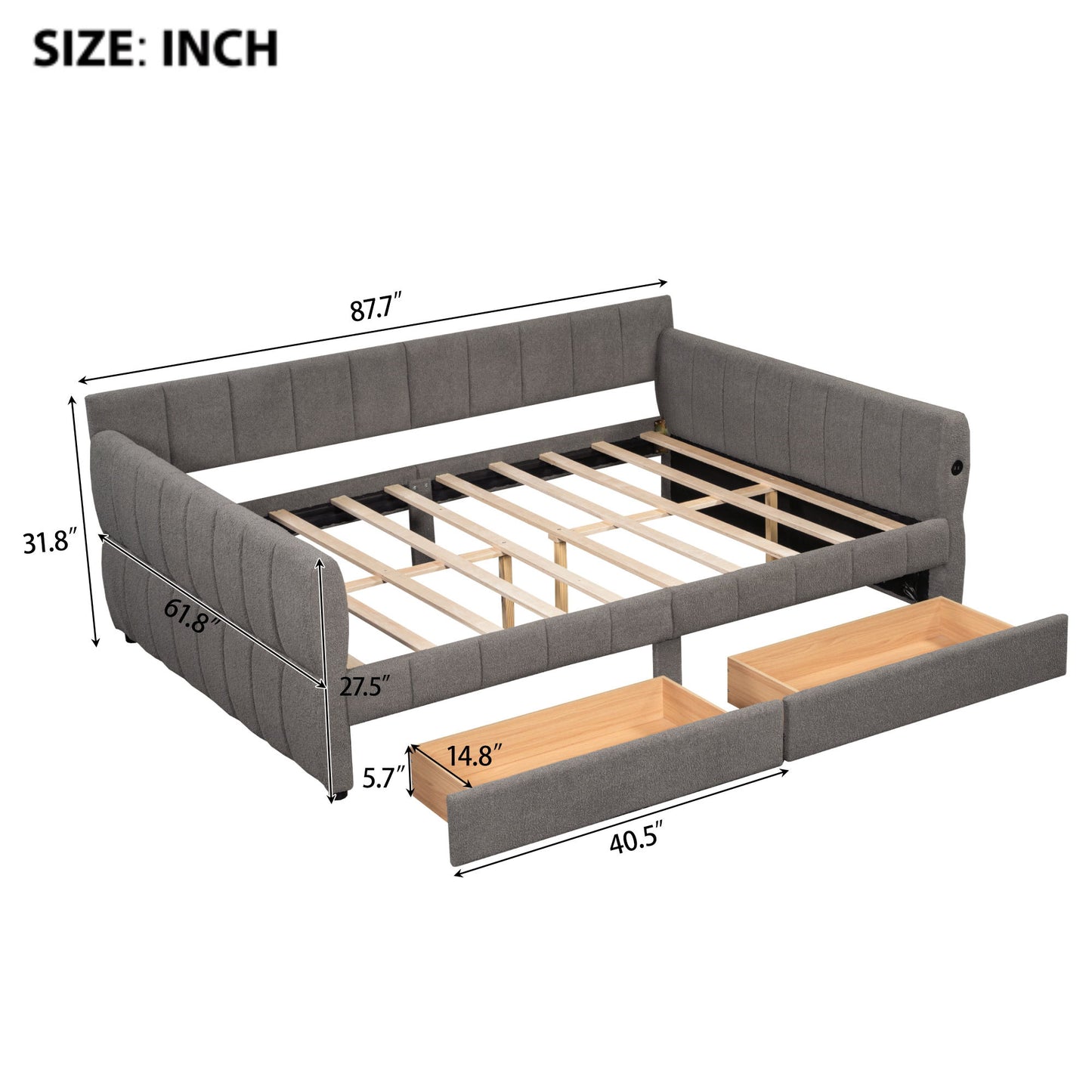 Upholstered Platform Bed With USB And 2 Drawers