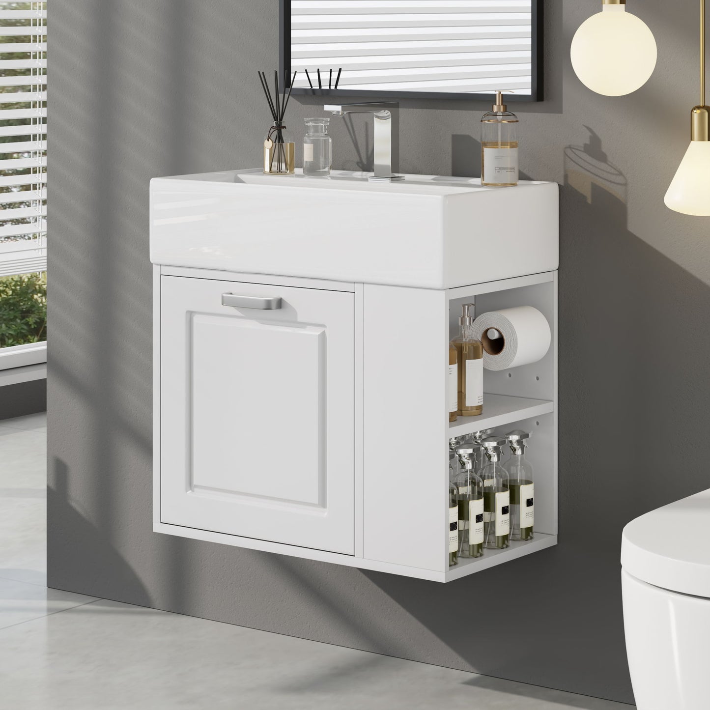 Modern Wall Mounted Bathroom Vanity With Sink, Soft Close Drawer, Adjustable Shelf, Toilet Paper Holder