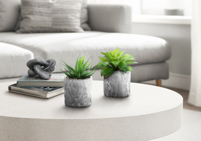 6" Tall, Artificial Plant, Succulent, Indoor, Faux, Fake, Table, Greenery, Potted, Decorative (Set of 2) - Green / Gray