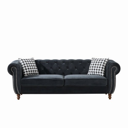 Chesterfield Velvet Upholstery Fabric Sofa With Roll Armrest & Nailhead