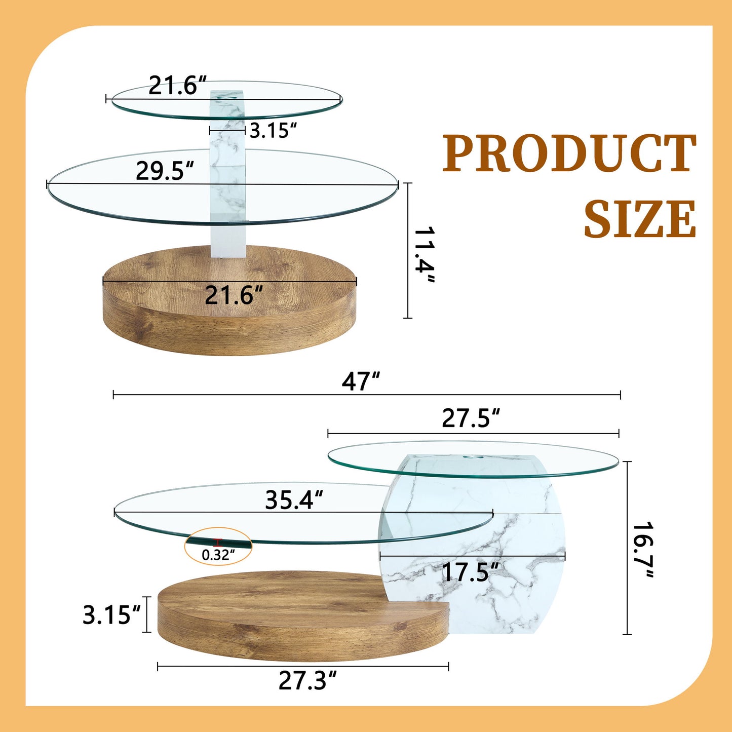 Contemporary Artistic Double Layer Coffee Table,Tempered Glass Top