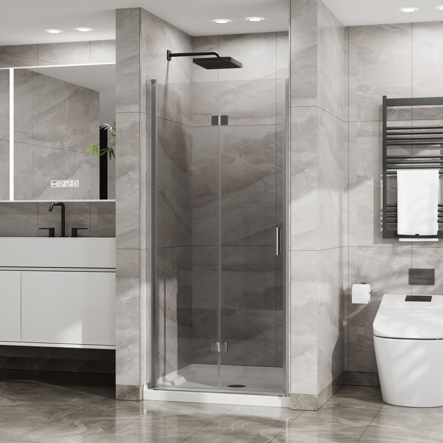 Bifold Frameless Glass Shower Door With Pivot Swing Panel, Tempered Clear Glass