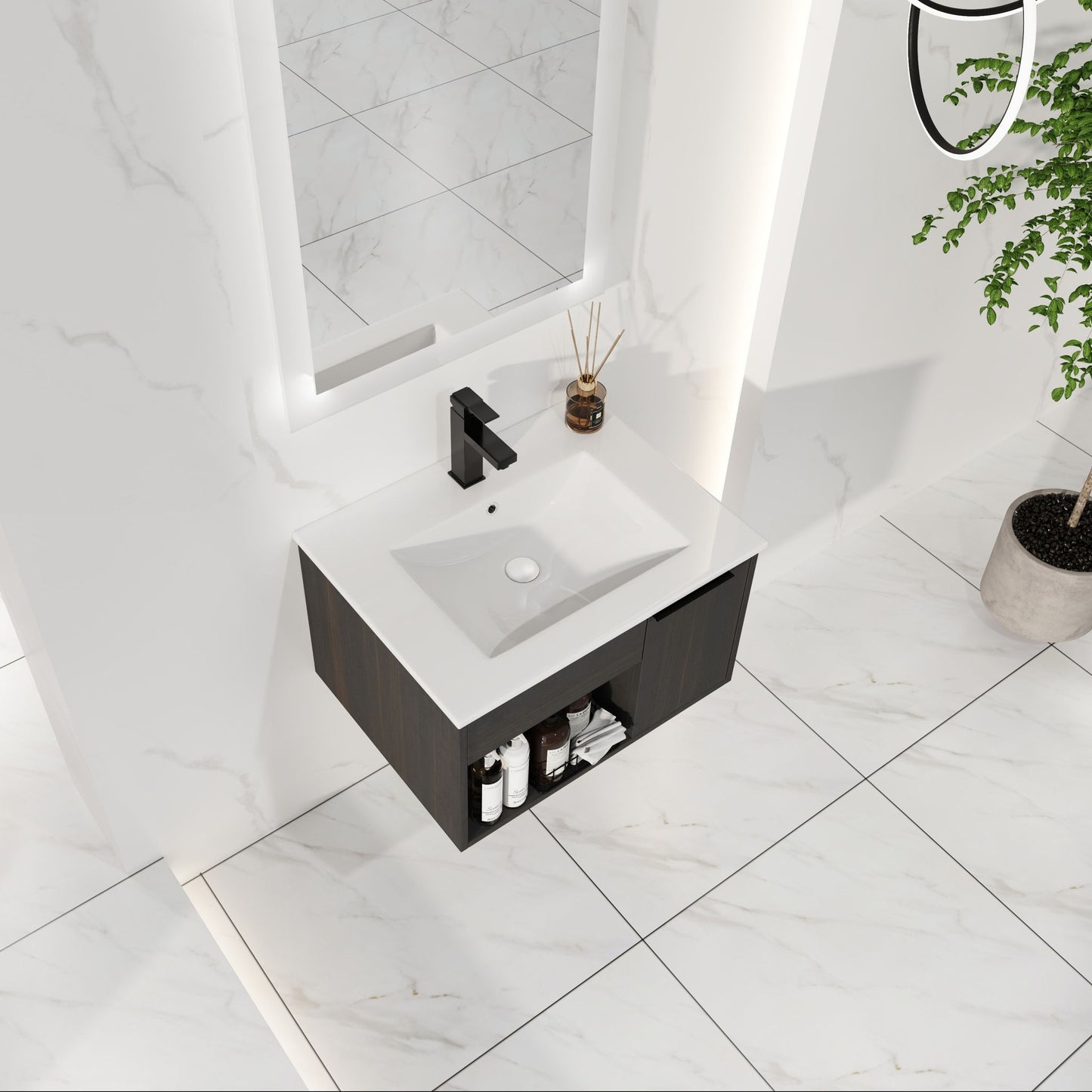 Wall Mounted Floating Bathroom Vanity With Open Shelf & Soft Close Door