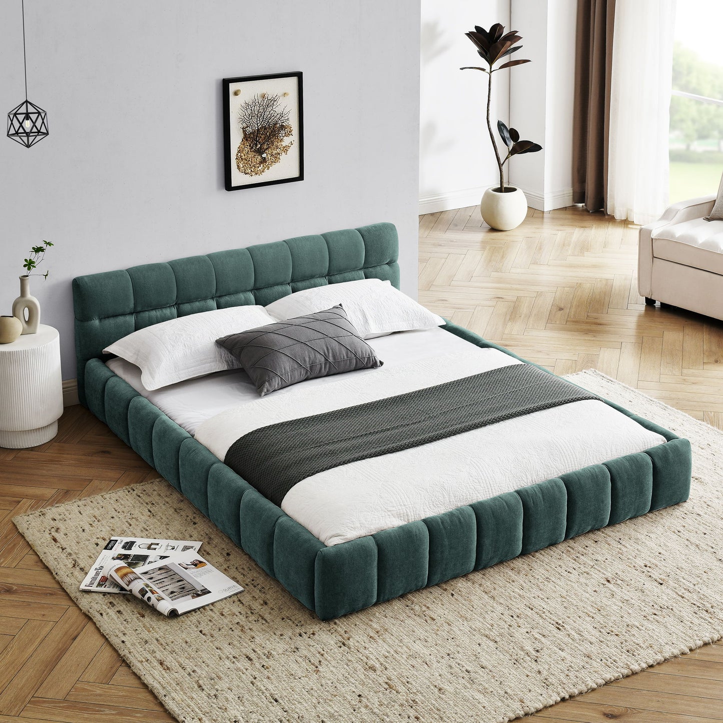 Modern Platform Bed Frame With Thick Chenille Fabric