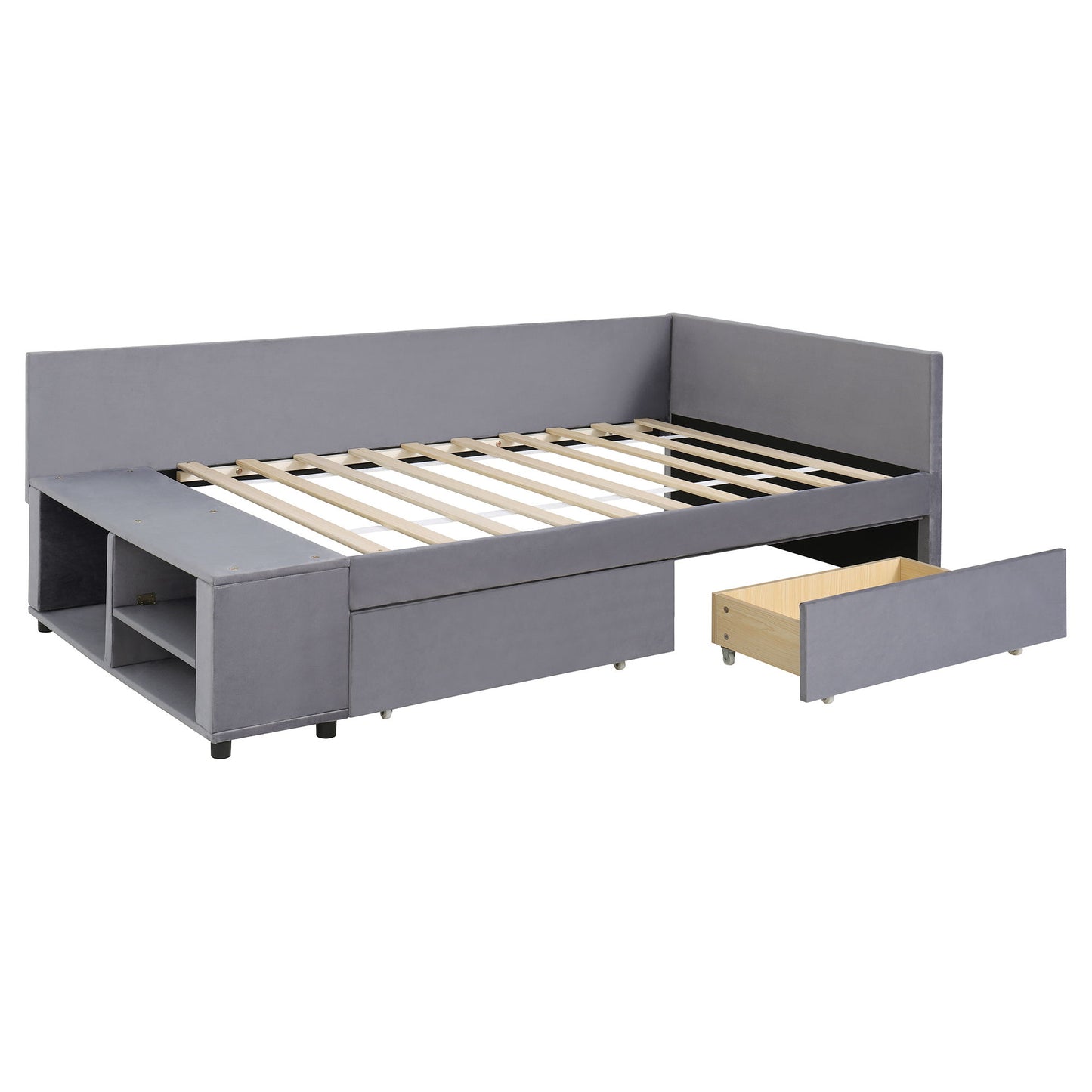 L Shaped Upholstered Platform Bed With Storage And Drawers