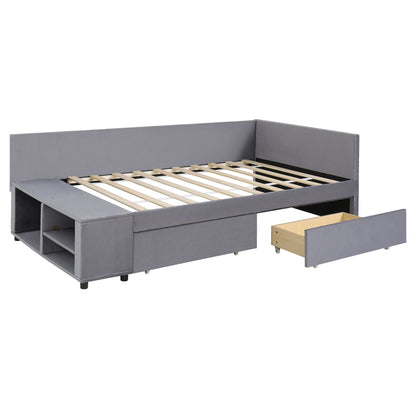 L Shaped Upholstered Platform Bed With Storage And Drawers