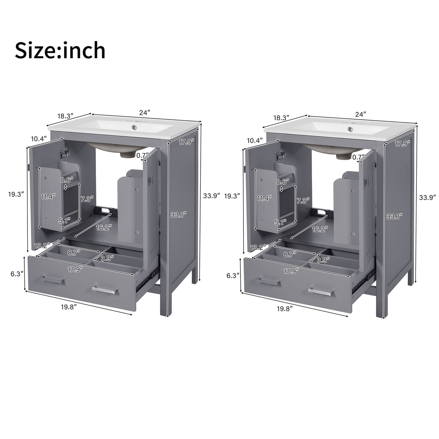 Bathroom Vanity With Integrated Undermount Ceramic Sink, 2 Doors And 1 Drawer, Soft Close Hinges