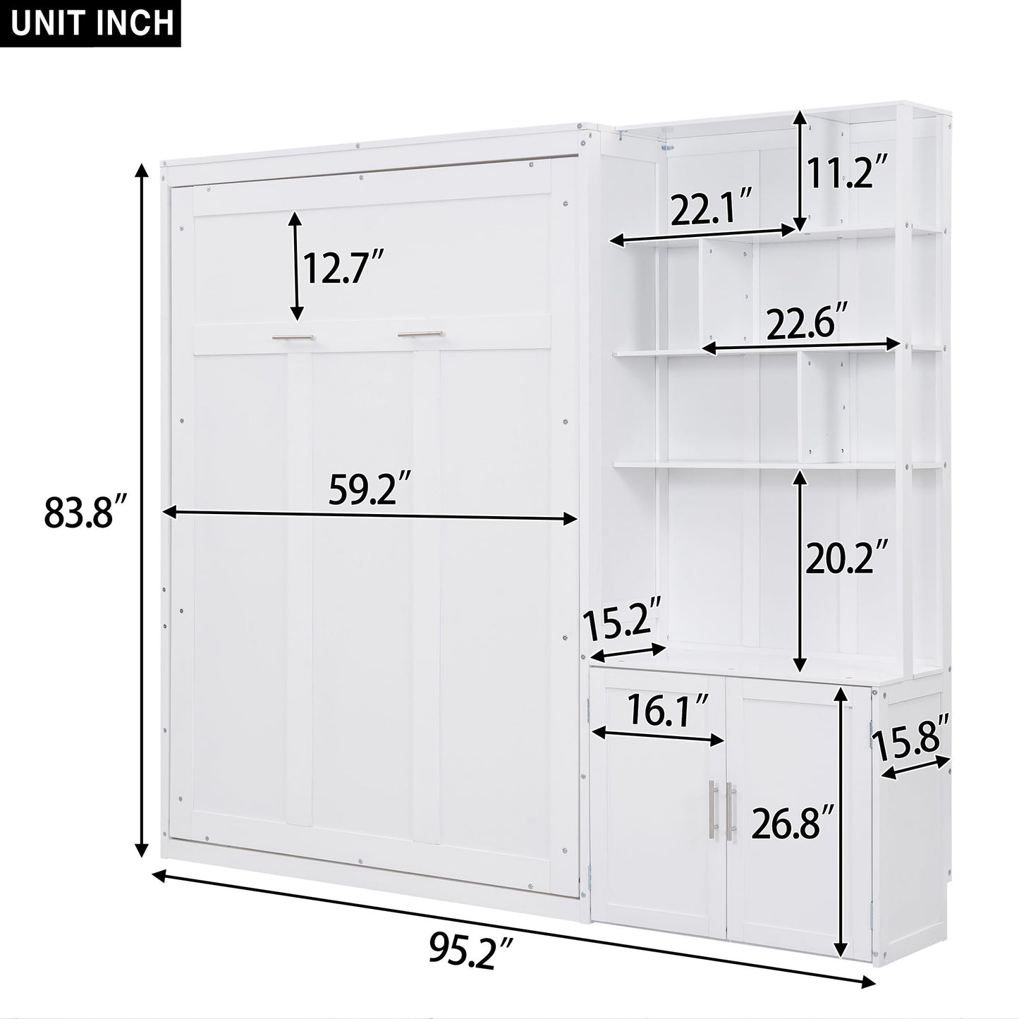 Full Size Murphy Bed With Multiple Storage Shelves And A Cabinet - White