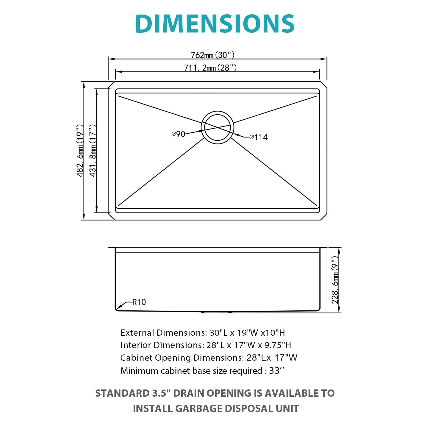Gold Undermount Kitchen Sink 30" X 19" X 10" Stainless Steel 16 Gauge Deep Single Bowl With Workstation Ledges