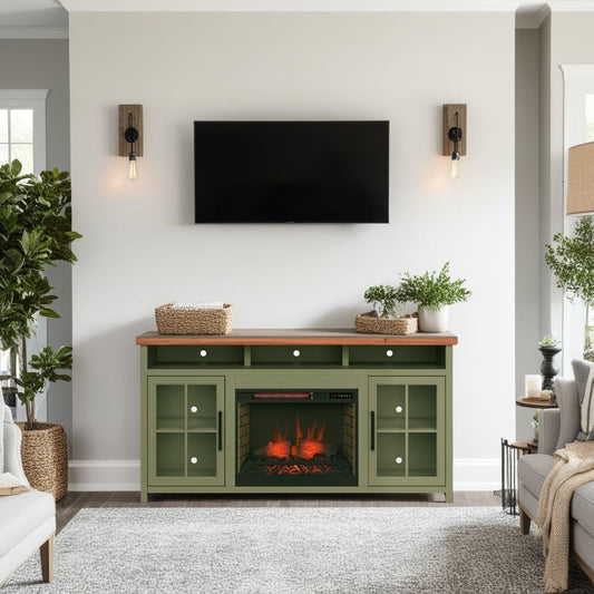 Vineyard - 74" Fireplace TV Stand Console For TVs Up To 85" - Sage Green And Fruitwood