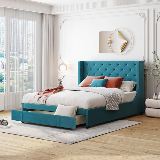 Storage Bed Velvet Upholstered Platform Bed With Wingback Headboard And A Big Drawer