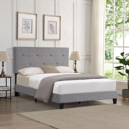 Modern Upholstered Platform Bed Frame With Button Tufted Linen Headboard And Wood Slat Support