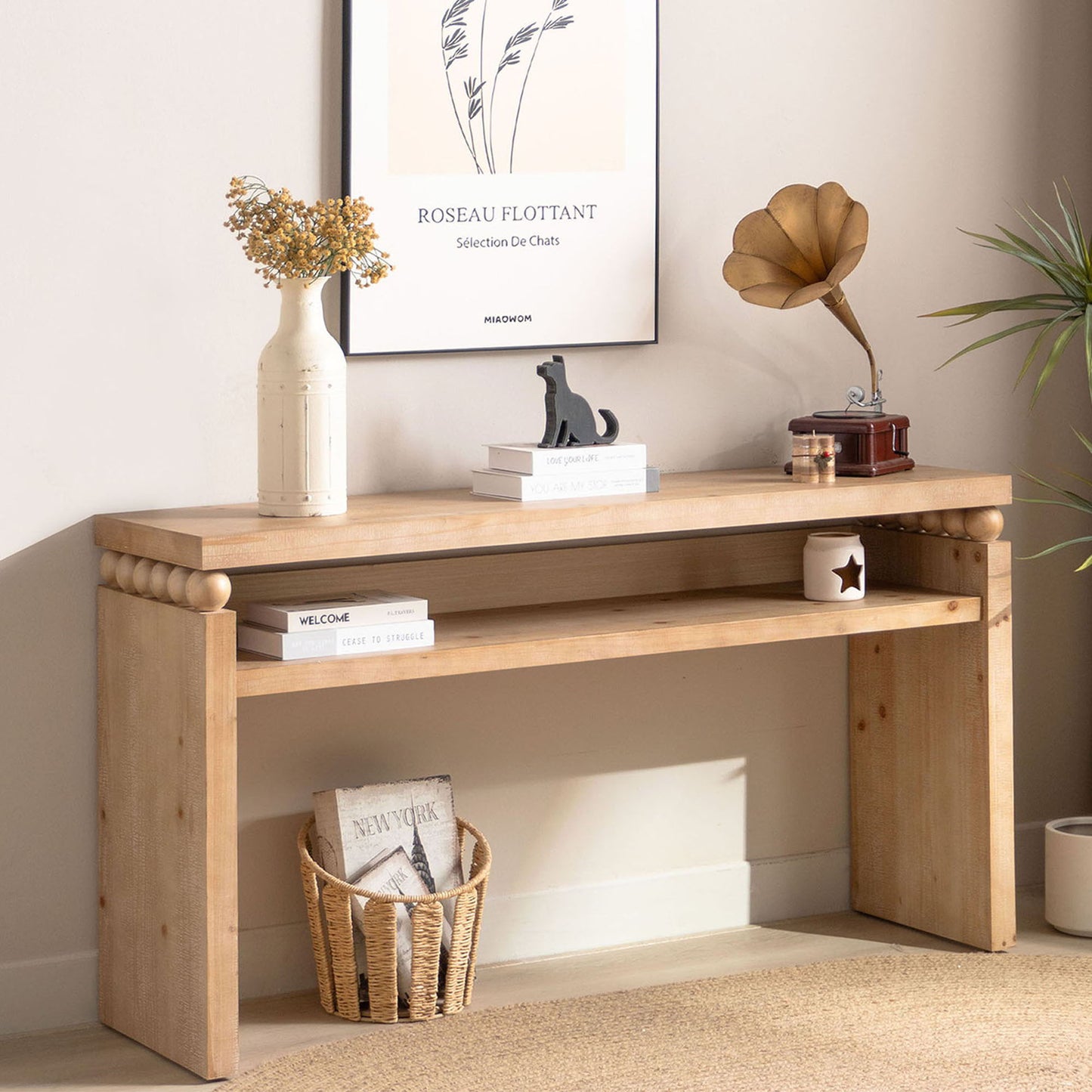 Modern Rustic Console Table, Wood Entryway Table With Shelf & Decorative Bead Detail - Natural