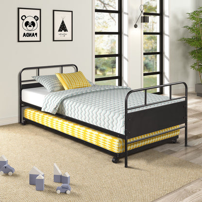 Twin Size Daybed Platform Bed Frame With Trundle Built In Casters - Black